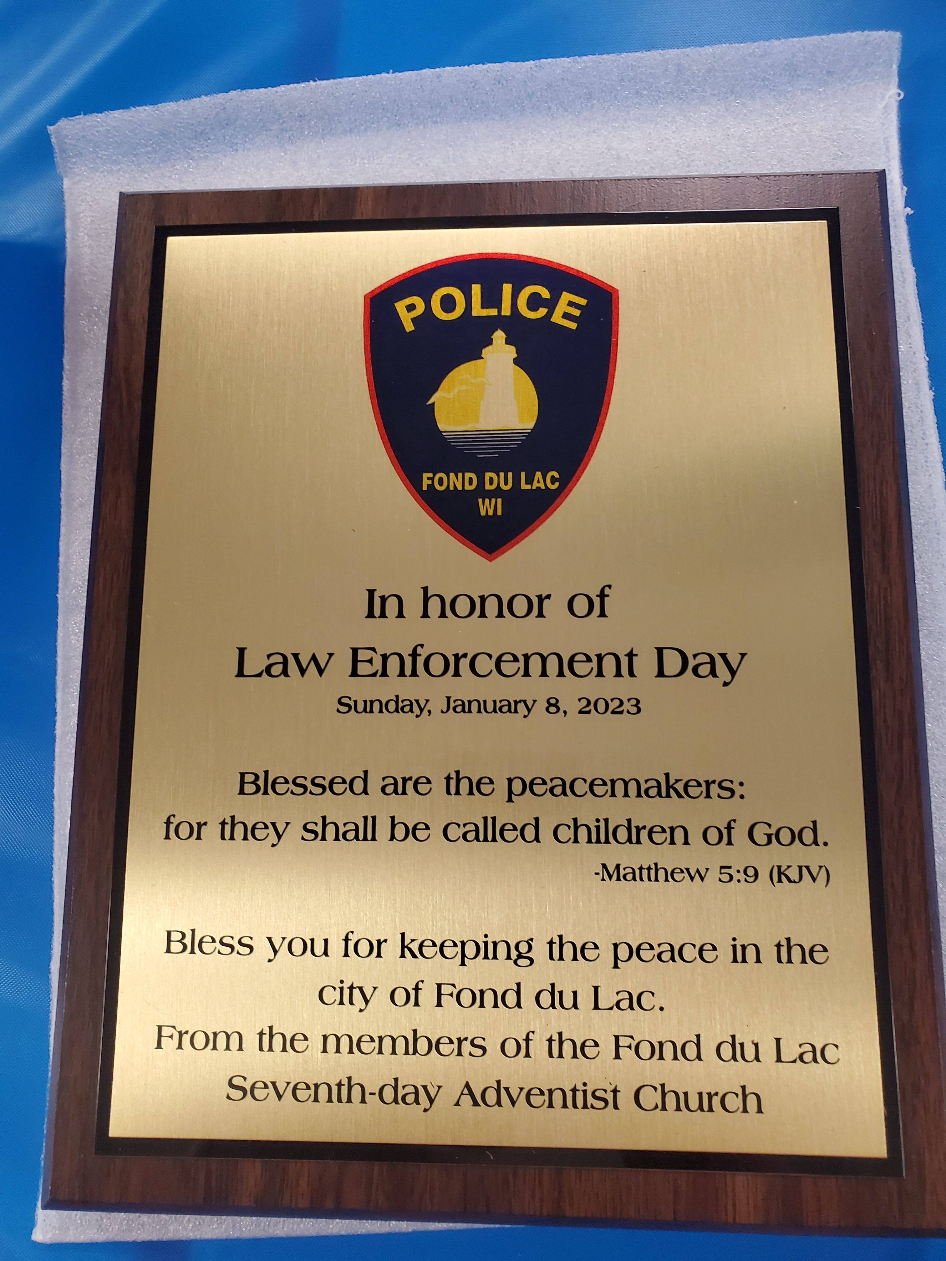 Plaque presented to Chief of Fond du Lac Police Department on January 8, 2023.