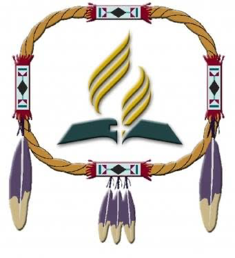 All Nations Center logo with the Adventist flame and open Bible inside a decorated frame with hanging feathers
