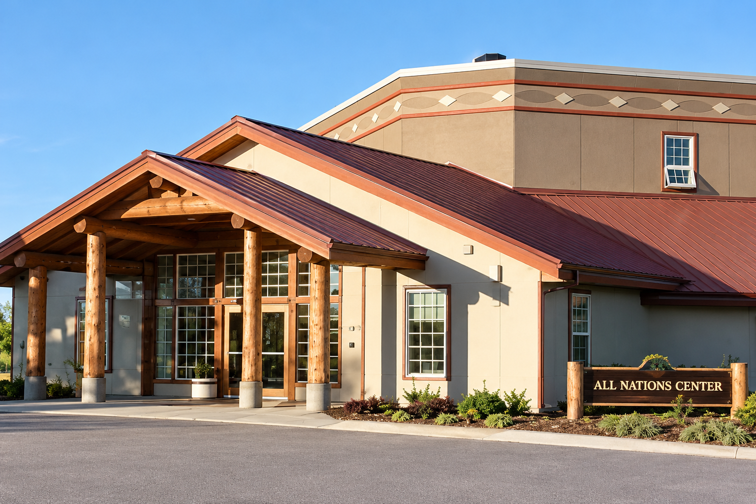 Timber-framed entrance at All Nations Center