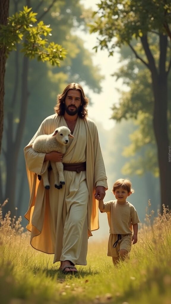 jesus, isho, isa, child, lamb, nature, flowers, trees, follow me, religion, god, christ, faith, christian, resurrection, baptism, walking with jesus