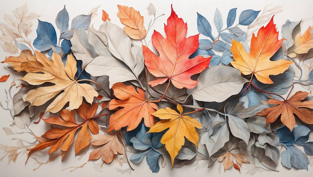 autumn, leaves, foliage, watercolor, painting, vibrant, red, orange, yellow, brown, grey, blue, artistic, botanical, scattered, overlapping, layered, natural, seasonal, tranquil, ai generated