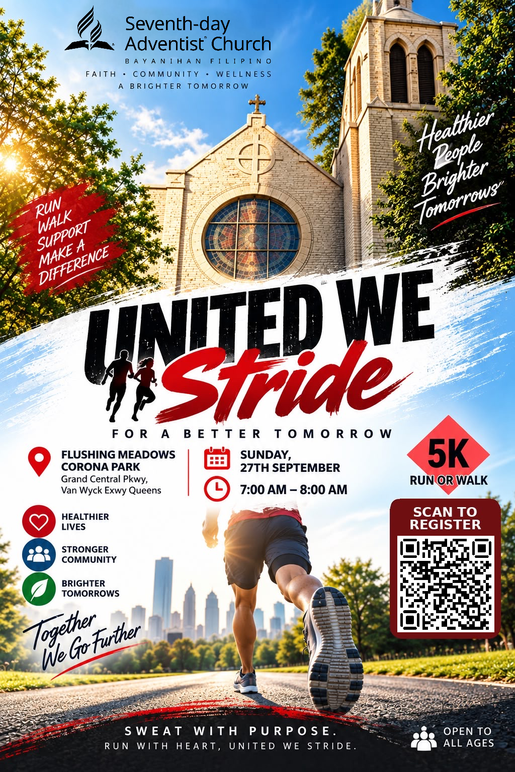 United We Stride 5K Fun Run poster - Sunday, September 27 at Flushing Meadows Corona Park. Open to all ages.