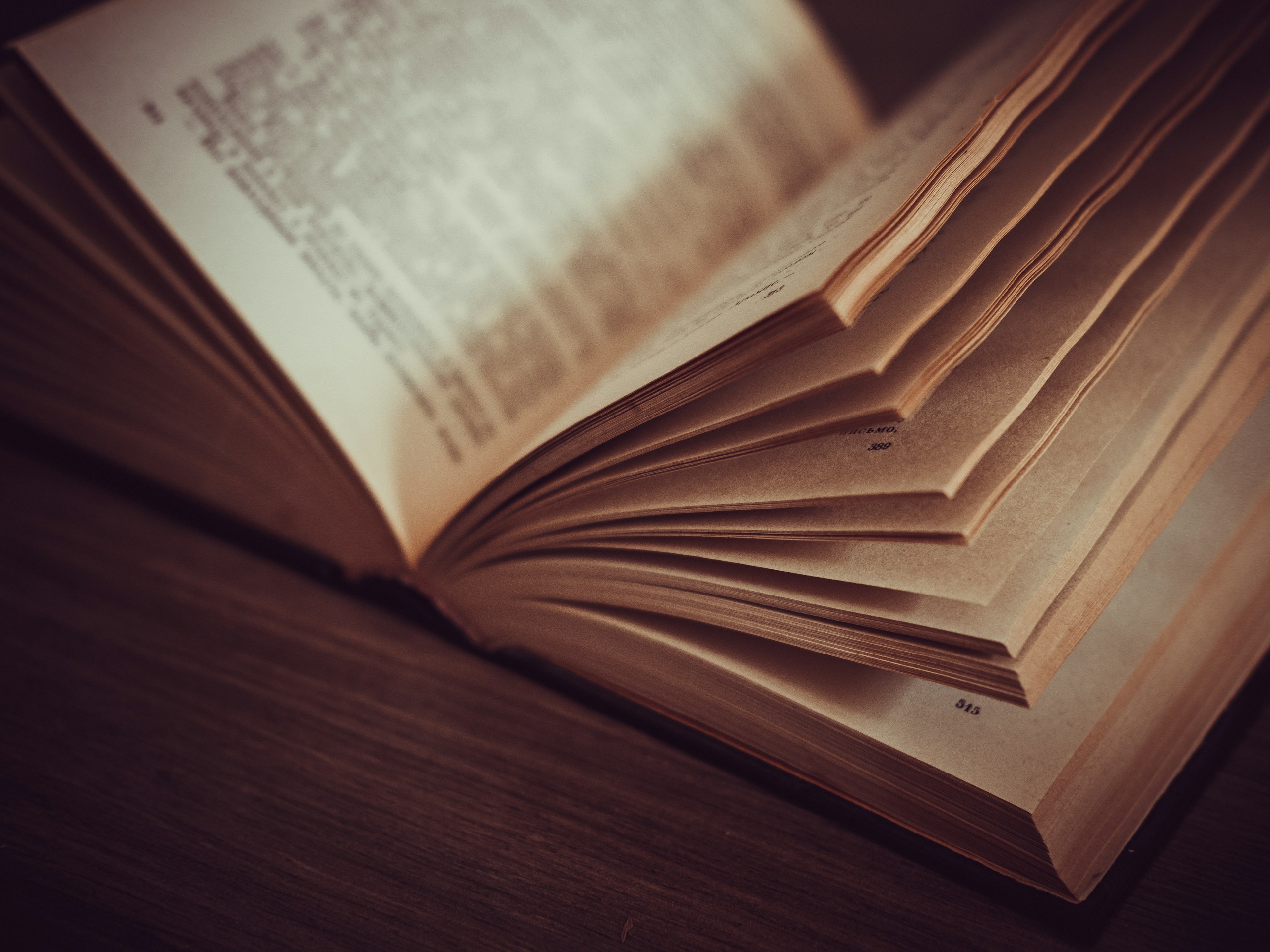 opened book on brown wooden surface