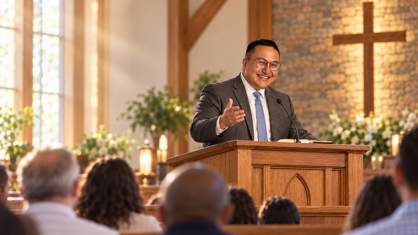 Pastor Daniel Golovenko preaching at a pulpit with a cross behind him