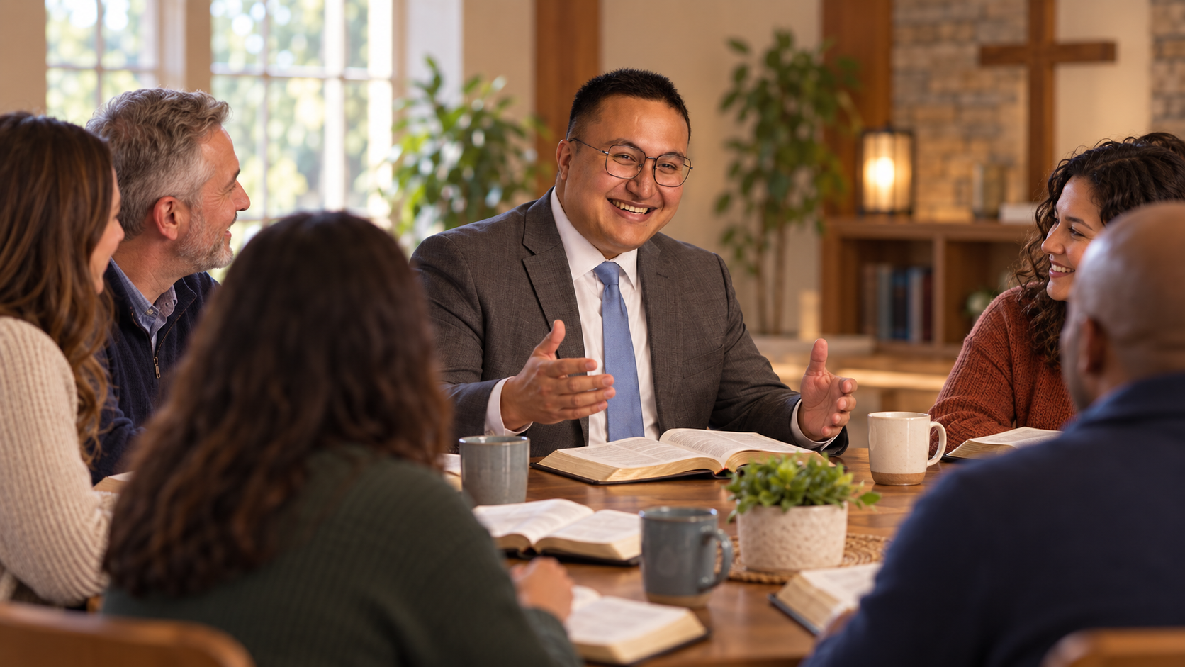 Pastor Daniel Golovenko sharing Bible study around a table with open Bibles