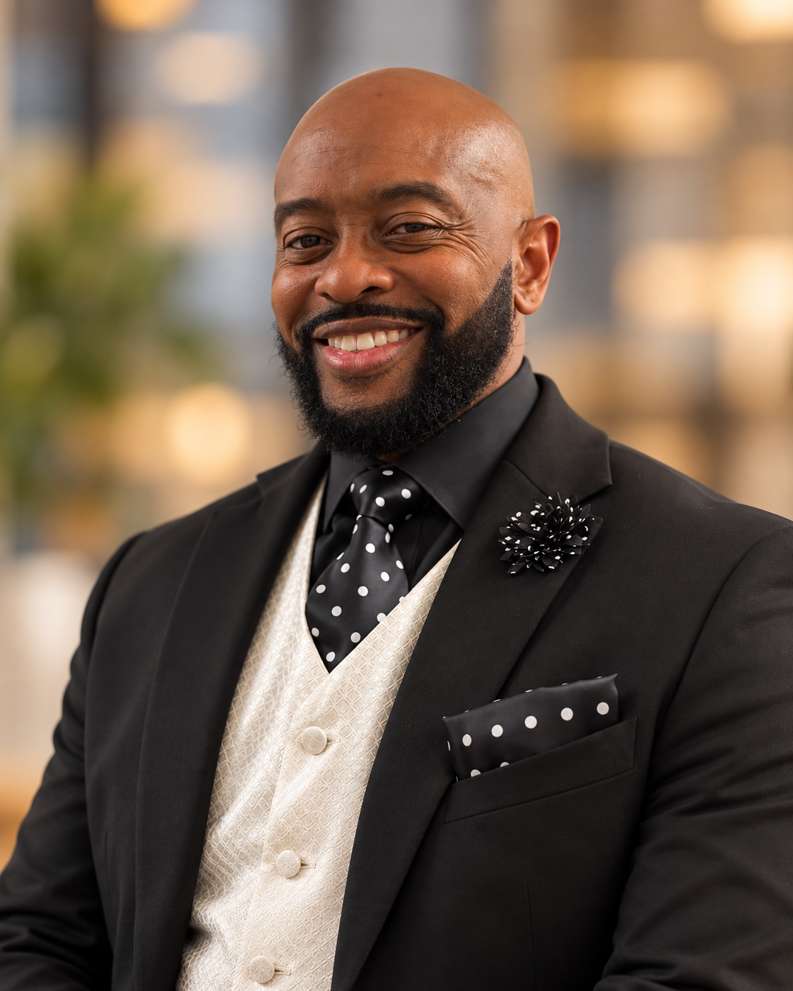 Chaplain Andre Ewing wearing a black suit, cream vest, and polka-dot tie