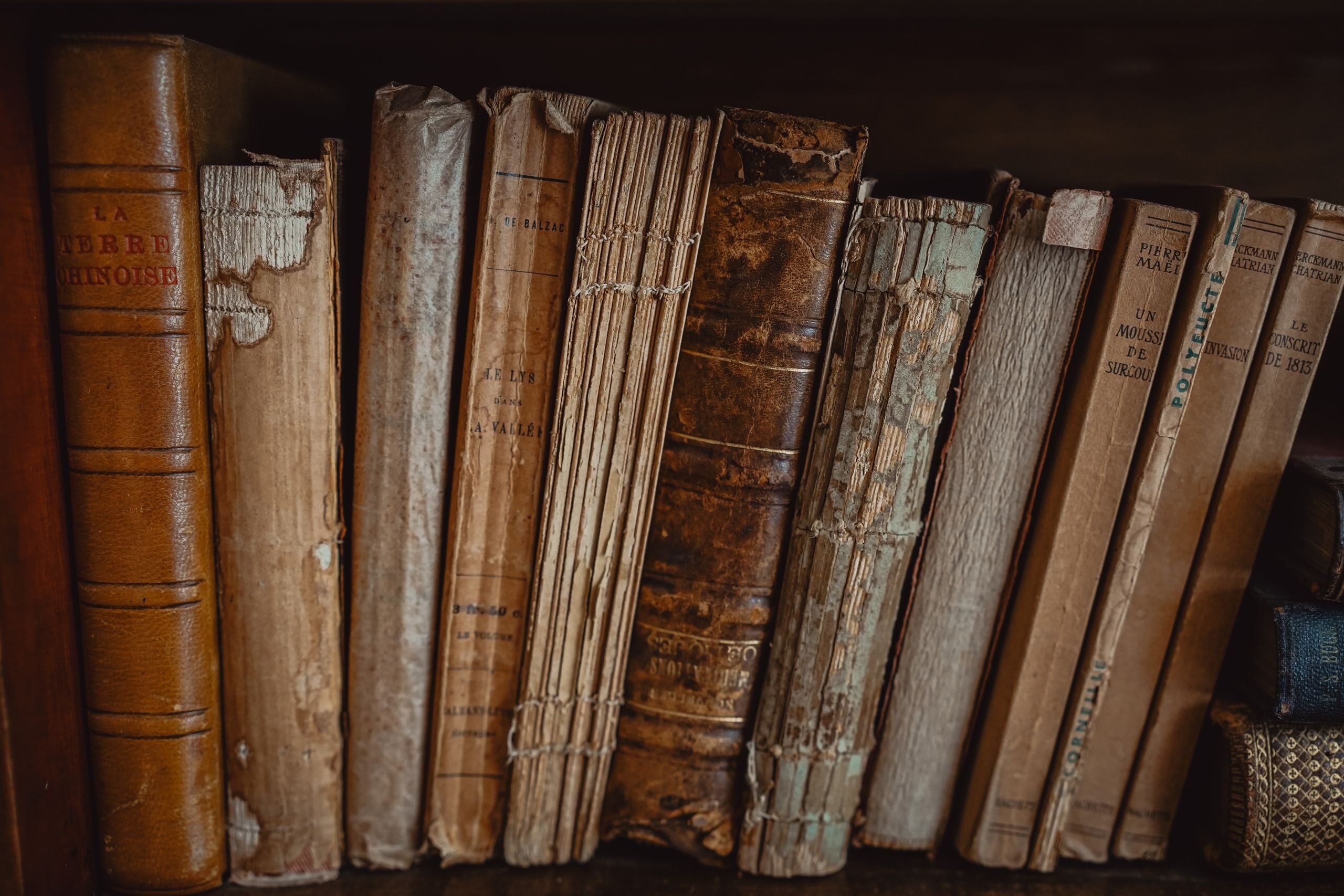A collection of antique and vintage books on a rustic wooden bookshelf.