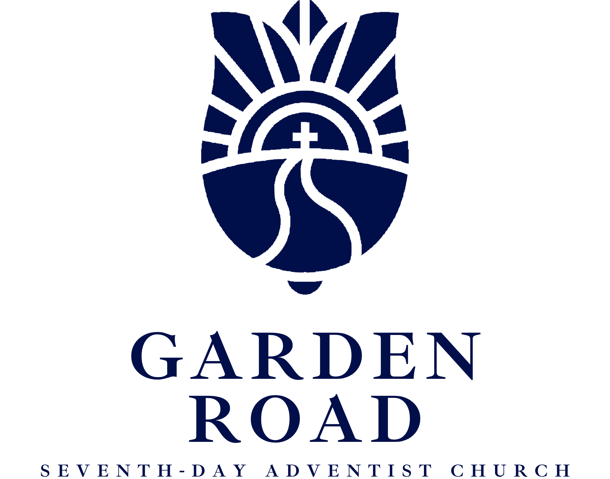 Vertically stacked logo of the Garden Road SDA church with the flower of grace (tulip) crest on top.