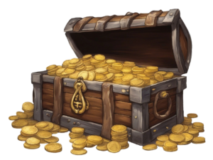 ai generated, treasure, chest, gold, coins, pirate, wealth, plunder, booty, clip art, cutout