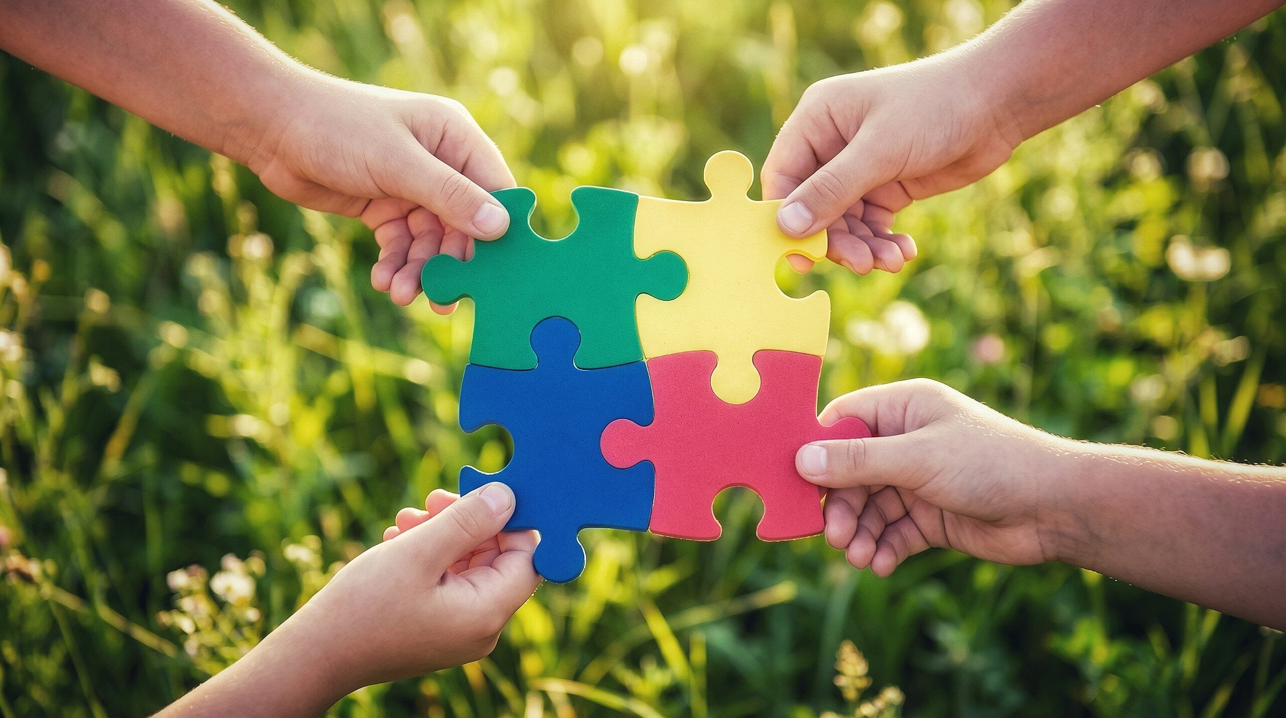 Hands connecting colorful puzzle pieces outdoors