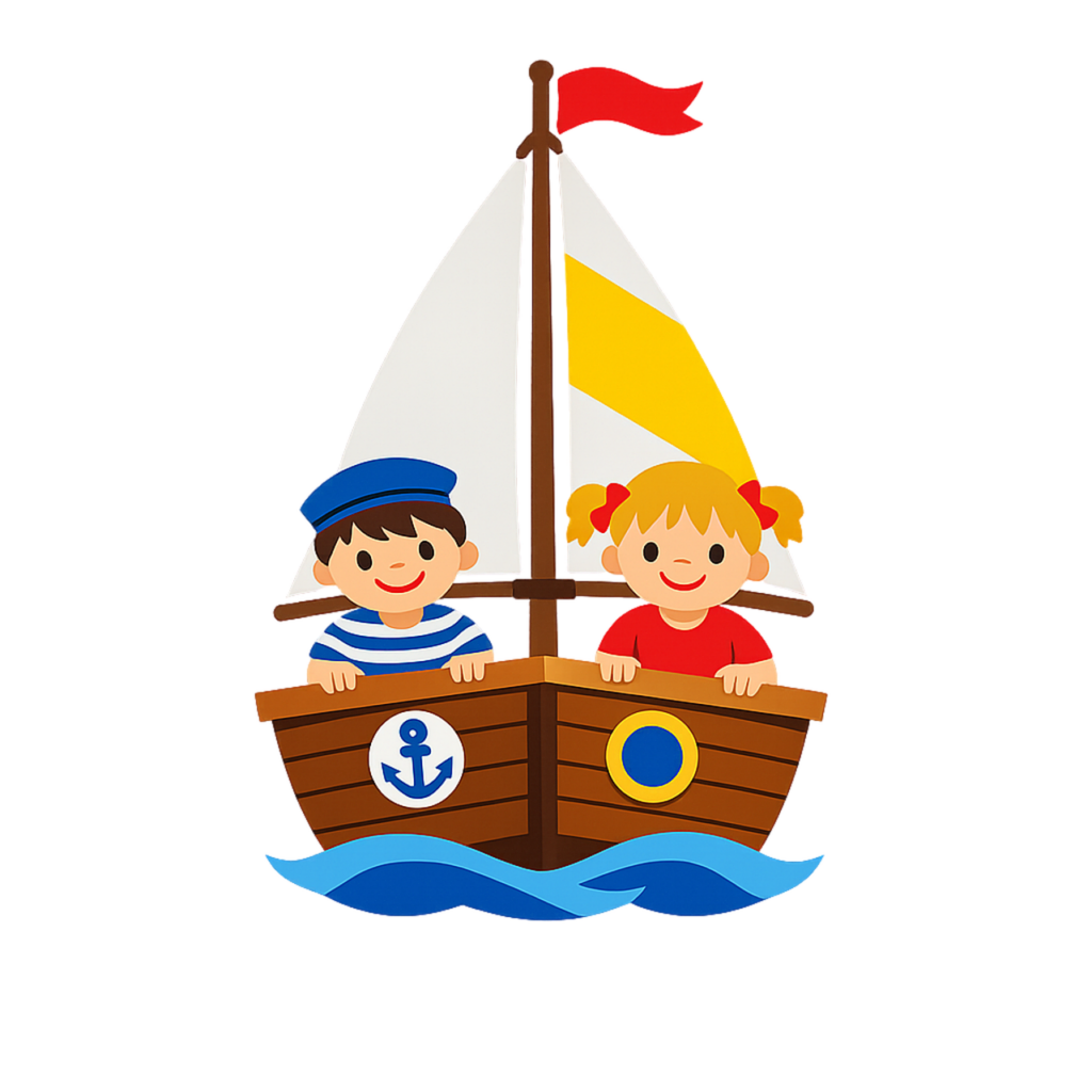 sailboat, children, boy, girl, summer, adventure, childhood, nautical, waves, sea, mast, anchor, porthole, tall mast, front view, stylized, colorful, cute, red flag, happy