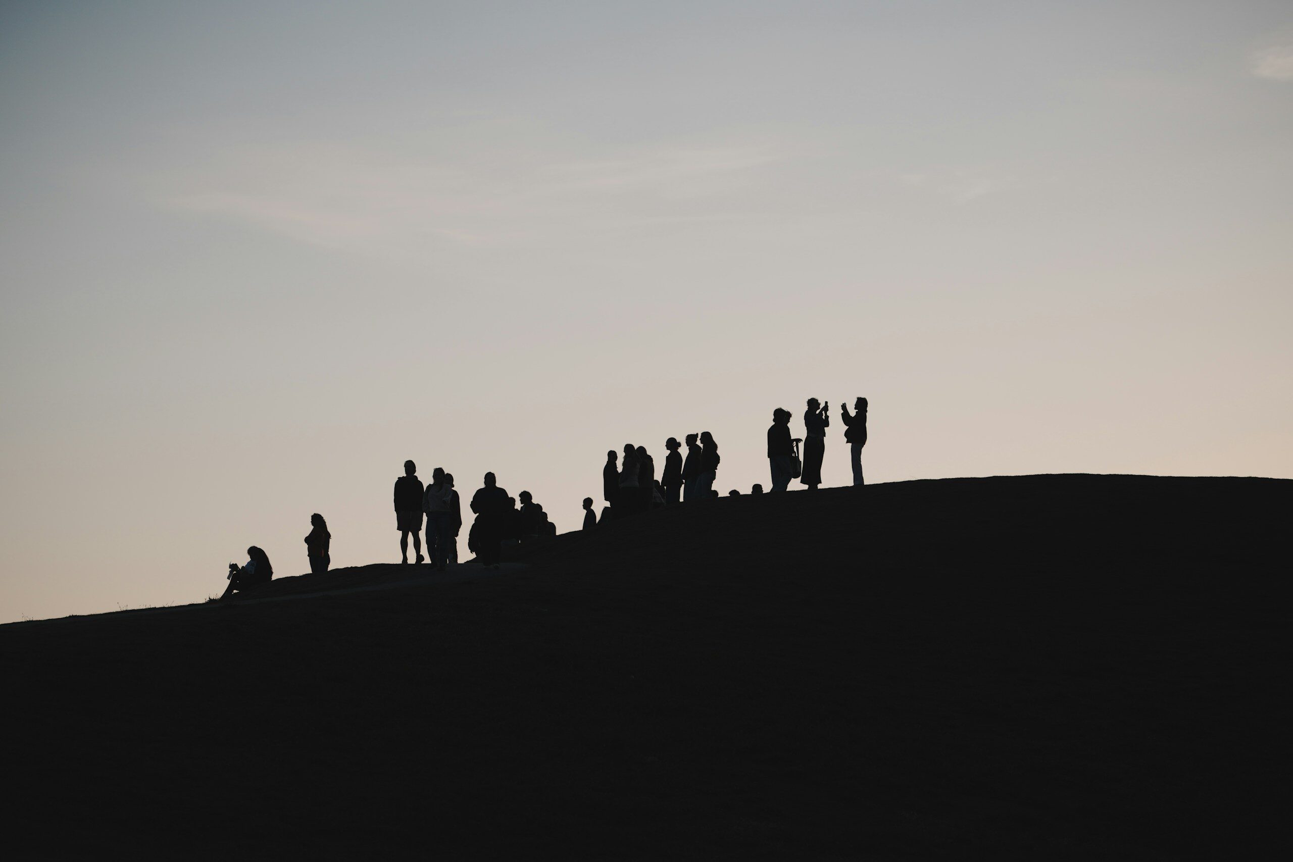 People silhouetted on a hilltop against a pale sky