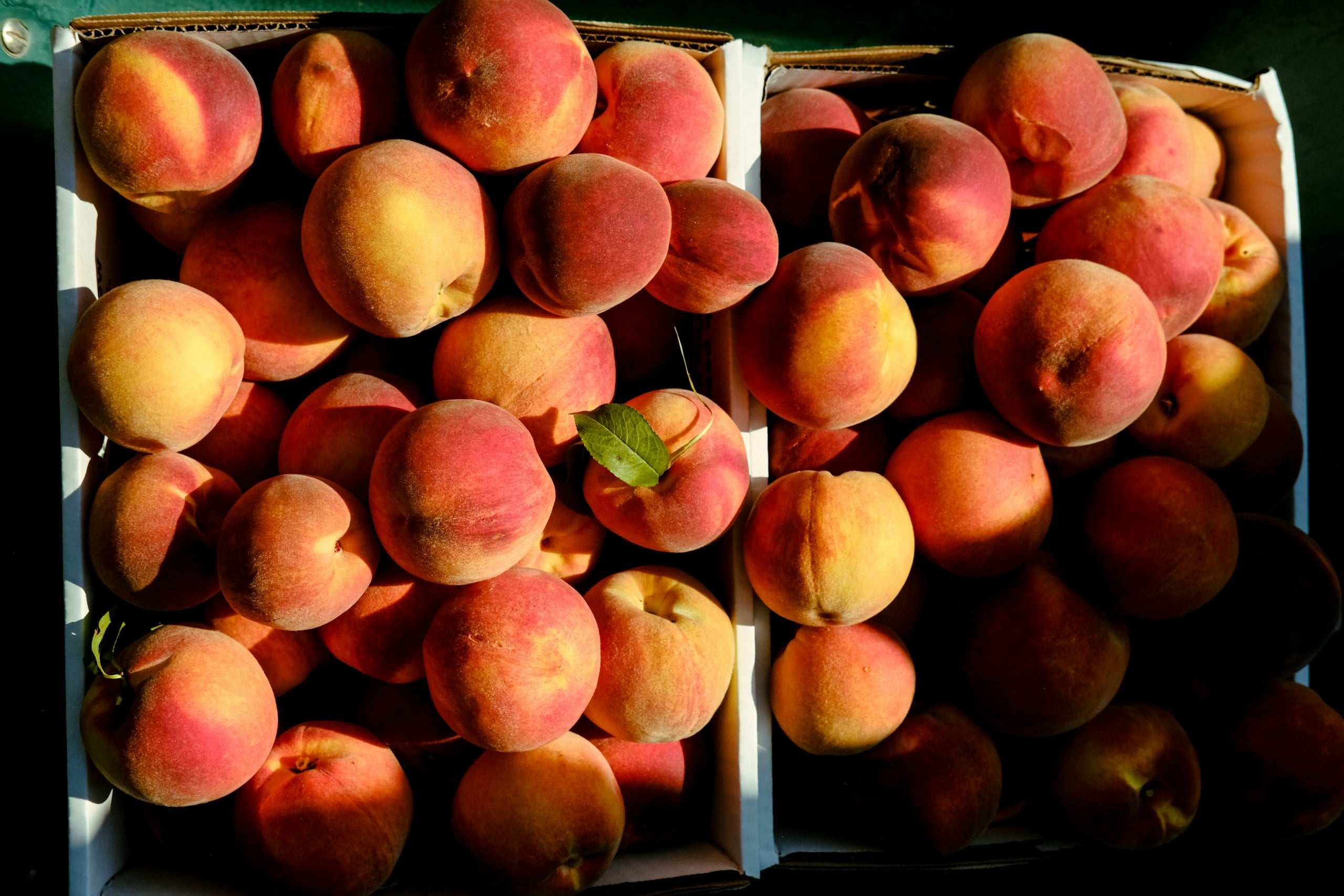 a bunch of peaches in a box on a table