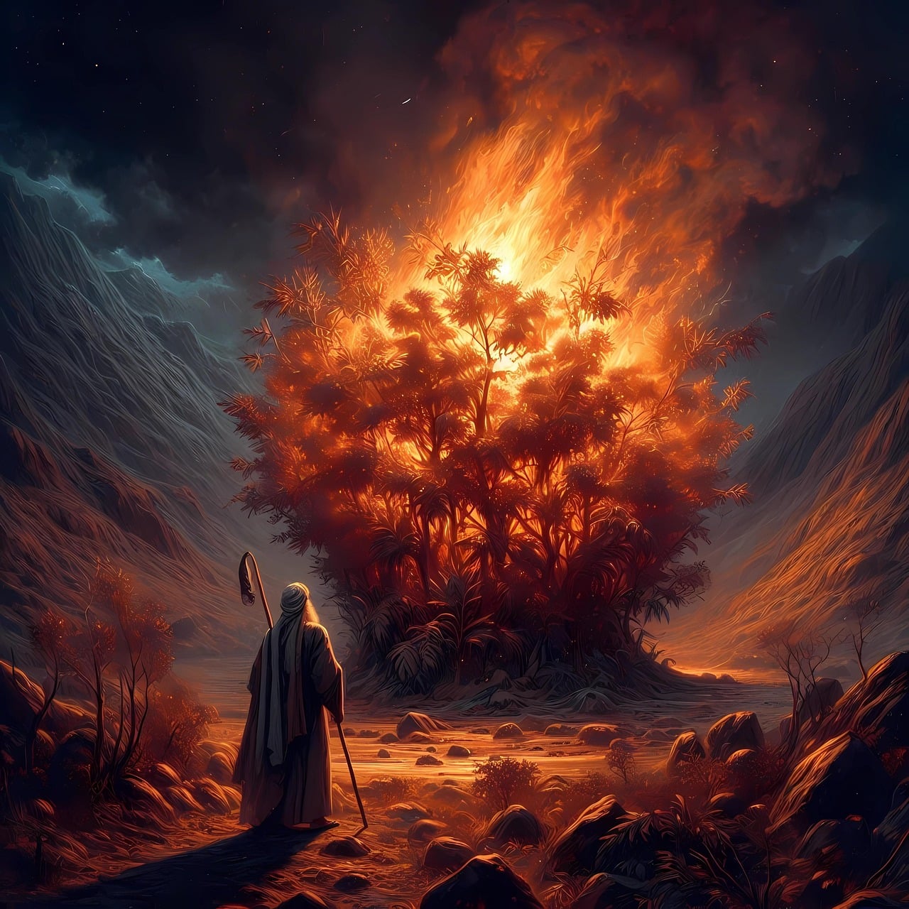 ai generated, moses, prophet, nature, zarza, bible, exodus, ministry, hebrews, jews, israel, egypt, fire, divine, signs, mysteries, god, power, miracles, sinai, desert