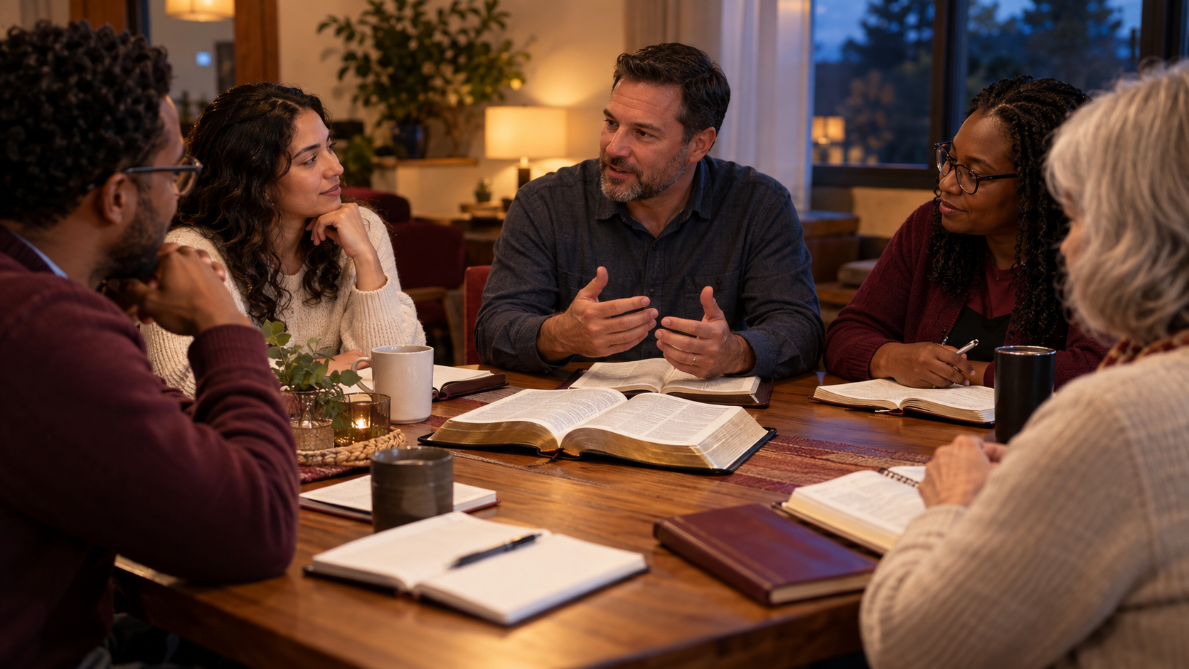 A small group studying the Bible together on a Tuesday evening