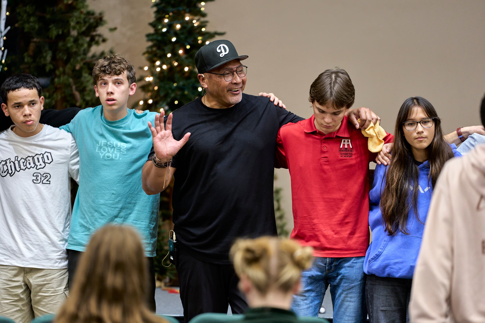 Guest speaker Mark Tamaleaa spends time with students during the Lake Union Academy Leadership Retreat, held Oct. 1–4 at Camp Au Sable in Grayling, Michigan. A former pastor turned suicide prevention and mental health speaker, Tamaleaa draws from his personal experiences to encourage young people to navigate life’s challenges with faith, hope and resilience.