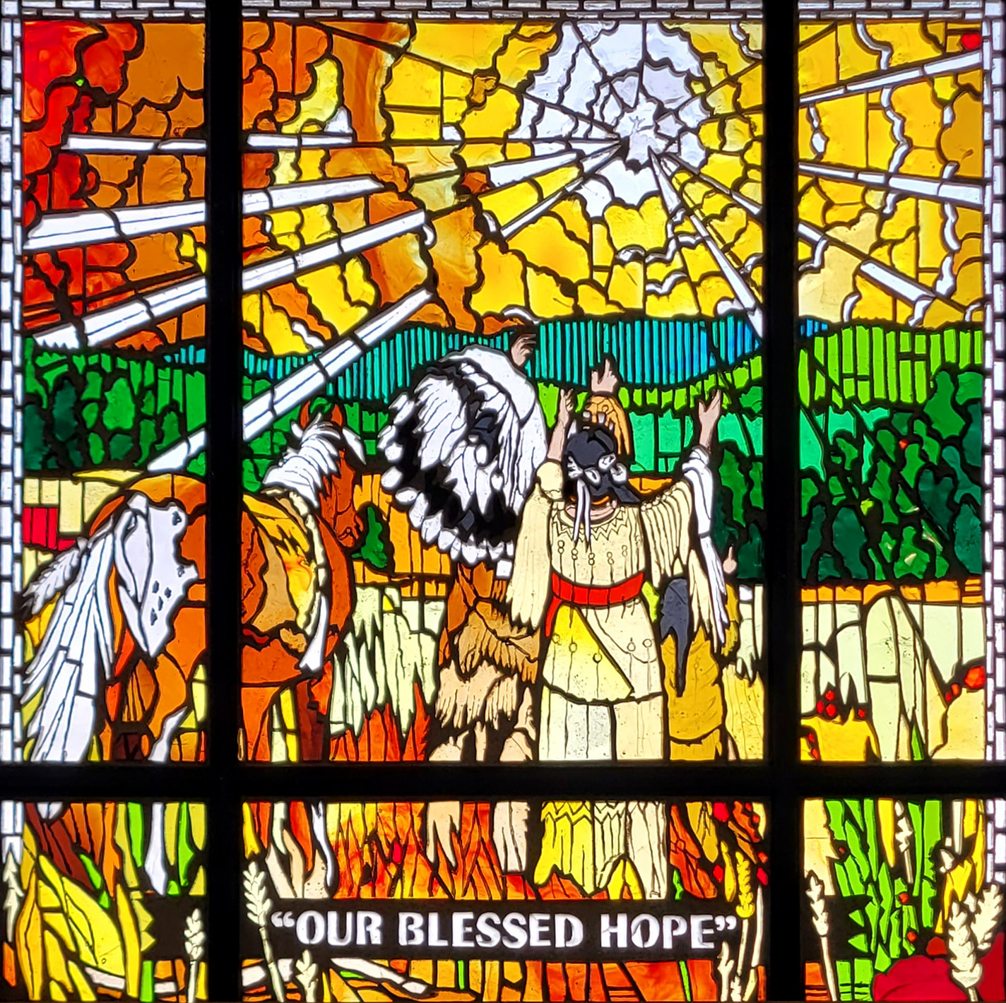 Stained glass window of Native Americans observing the 2nd coming of Jesus Christ