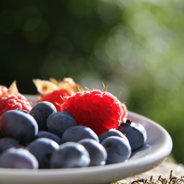 selective focus of blueberries and raspberries on bowl