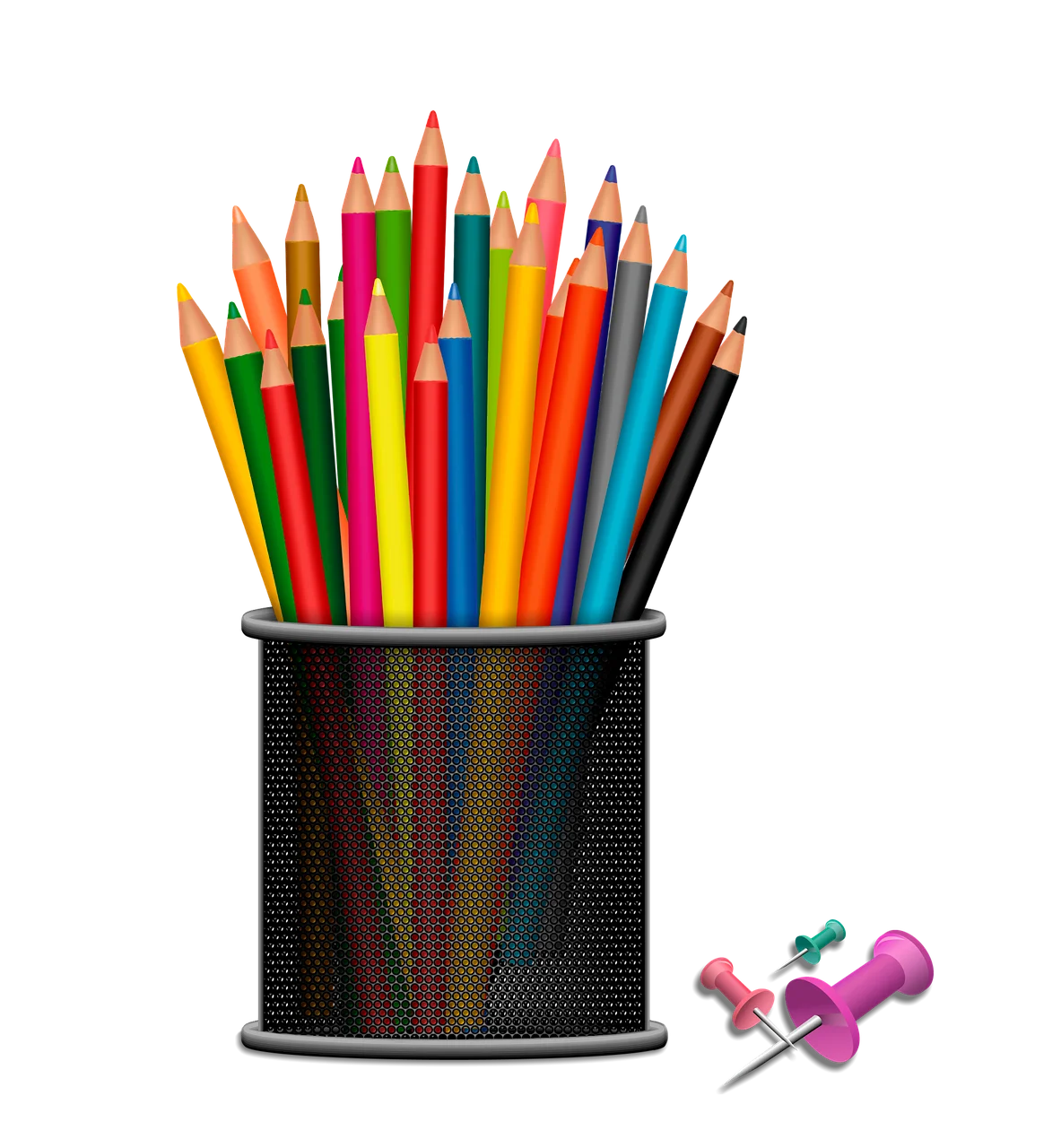 Colorful pencils, crayons and school supplies