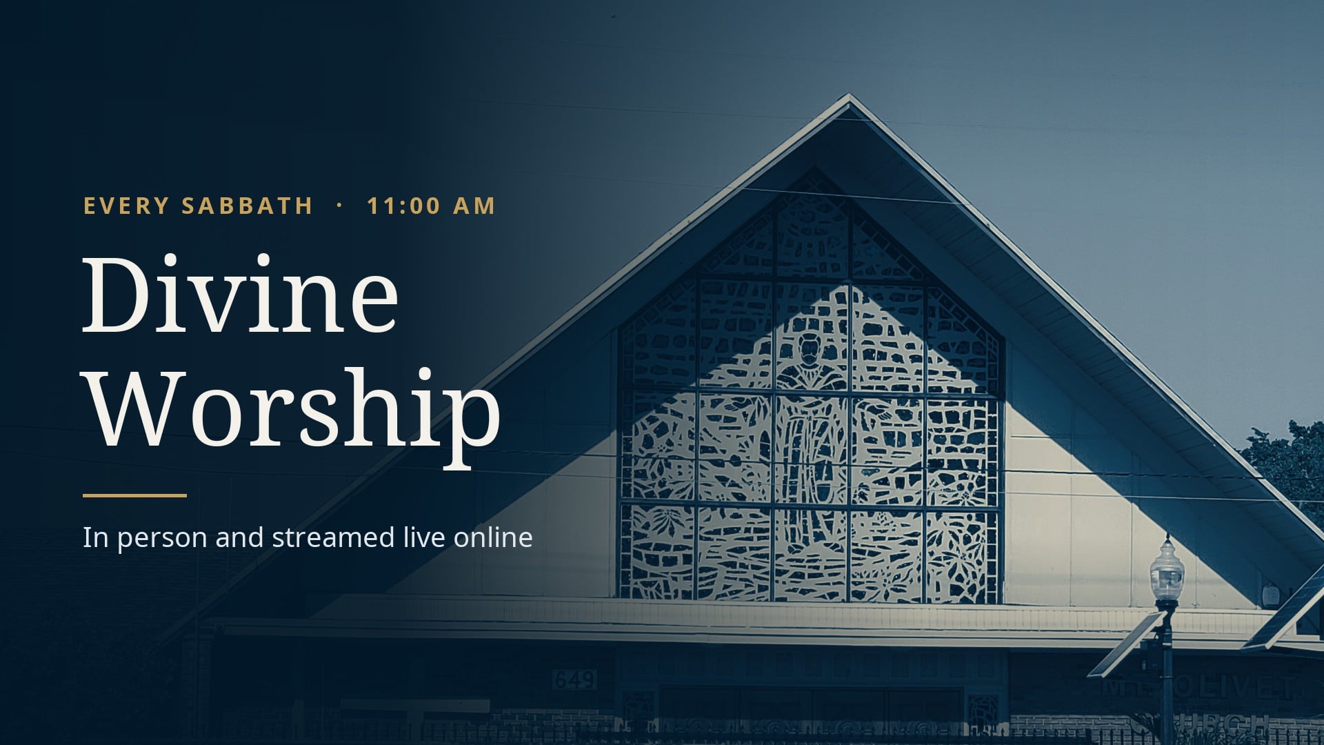 Divine Worship at Mount Olivet, every Sabbath at 11:00 AM, in person and streamed live online. The A-frame gable of the church with its stained-glass window of Christ.