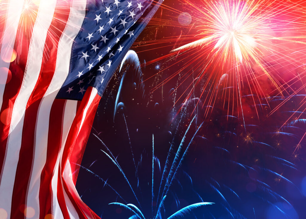 U.S. flag and fireworks
