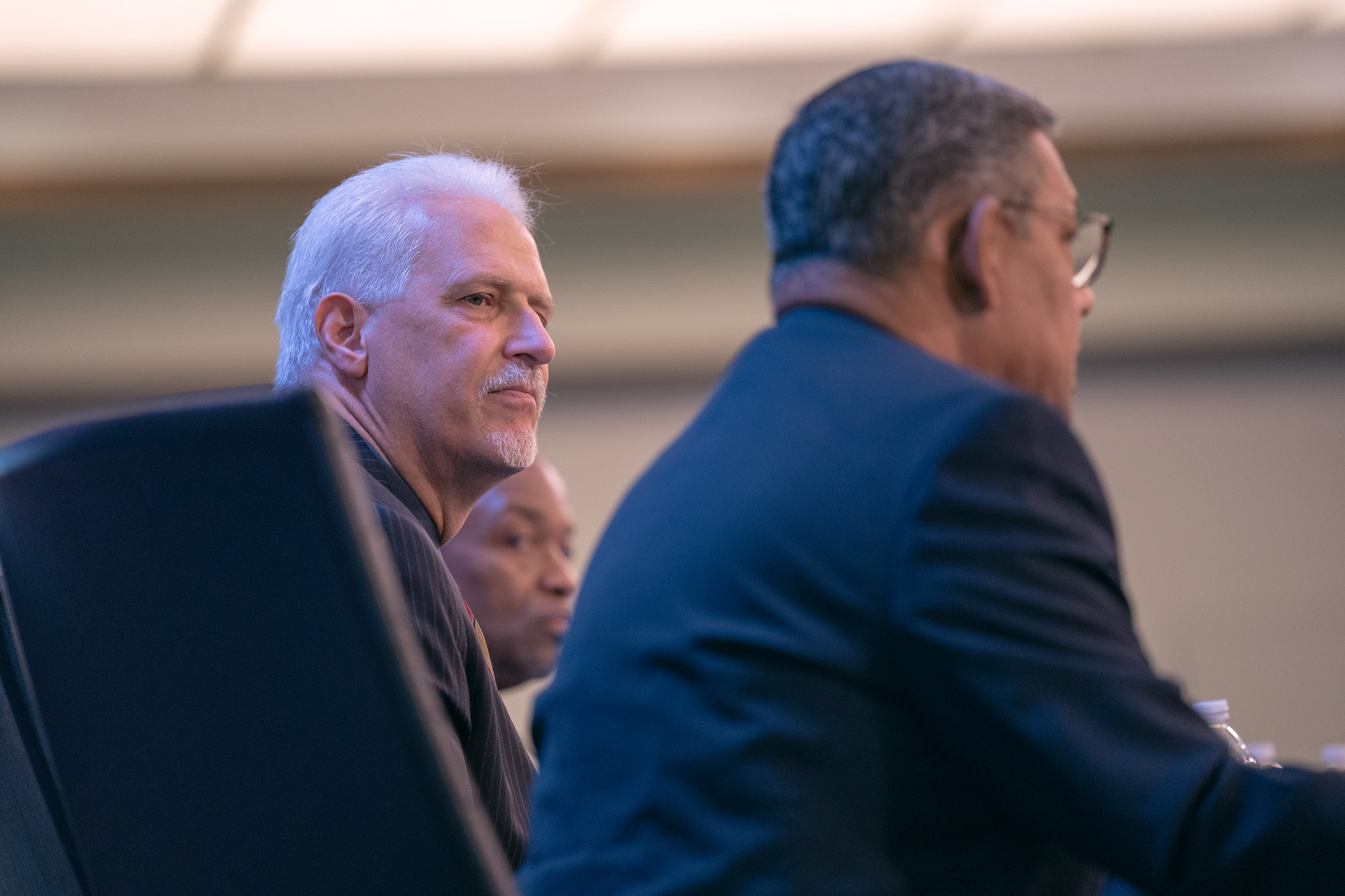 Randy Robinson, treasurer of the North American Division, listens to Juan Prestol-Puesán, treasurer of the General Conference, give comments regarding the history of tithe sharing between the division and the GC.