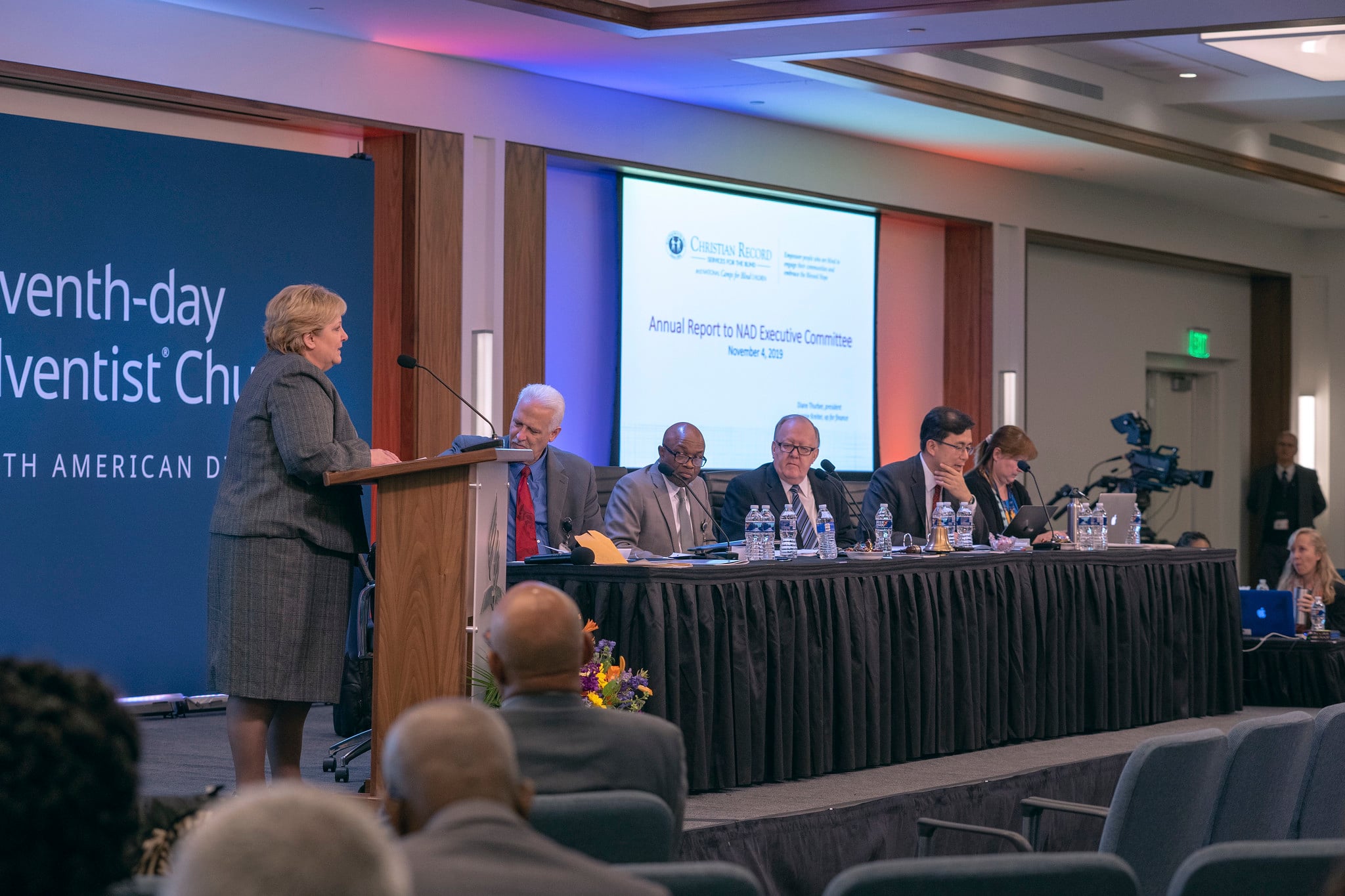 Diane Thurber, president of Christian Record Services, gives the organization's annual report at the NAD Year-End Meeting on Nov. 4. Photo by Dan Weber