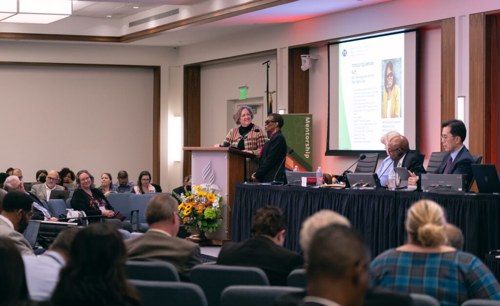 On Oct. 30, 2023, day five of the NAD Year-End Meeting, Christian Record Services president Diane Thurber, introduces Leanora Ruff, during the CRS report.