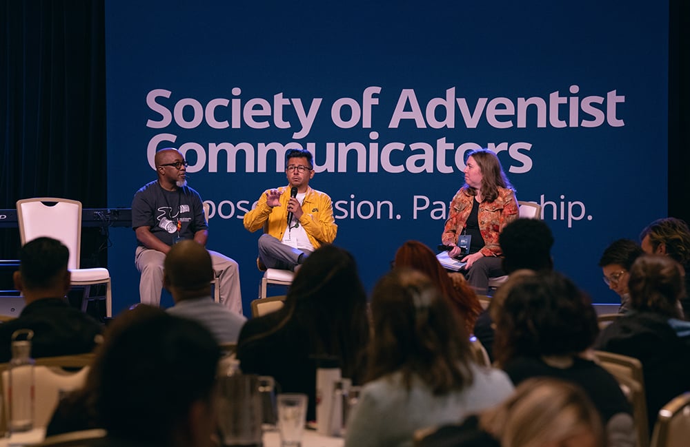 At the 2023 Society of Adventist Communicators convention opening day on Oct. 19, panelists discuss how they use AI for their creative projects.
