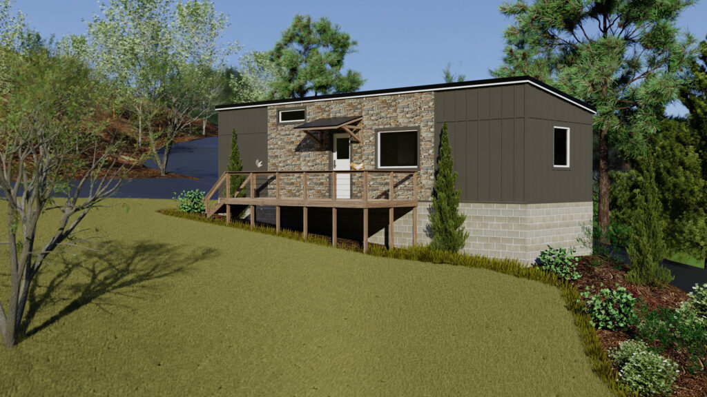 A modern cottage surrounded by trees and greenery.