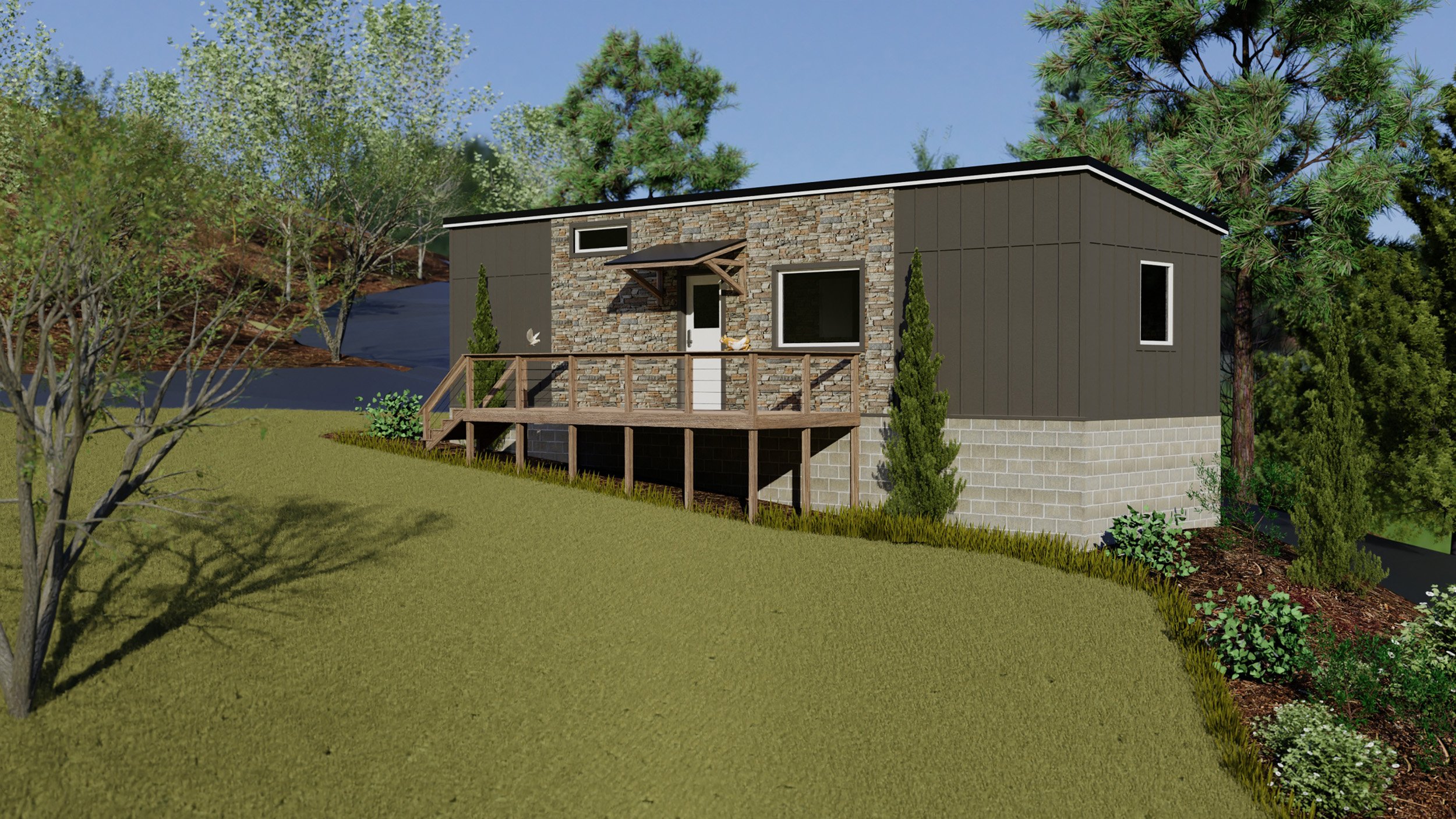 A modern cottage surrounded by trees and greenery.