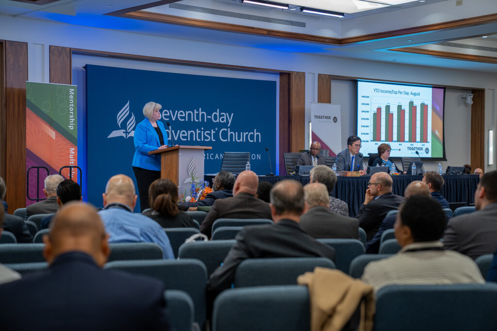 NAD treasurer/CFO Judy R. Glass presents her treasurer’s report on Monday, November 4, 2024, the final day of the North American Division Year-End Meeting at the NAD headquarters in Columbia, Maryland. Photo: Art Brondo