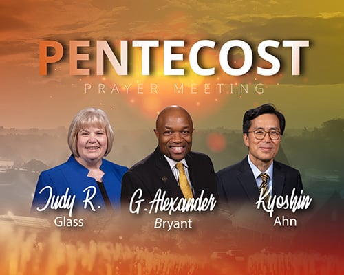 Three people on a promotional graphic for Pentecost 2025 May 2 prayer meeting