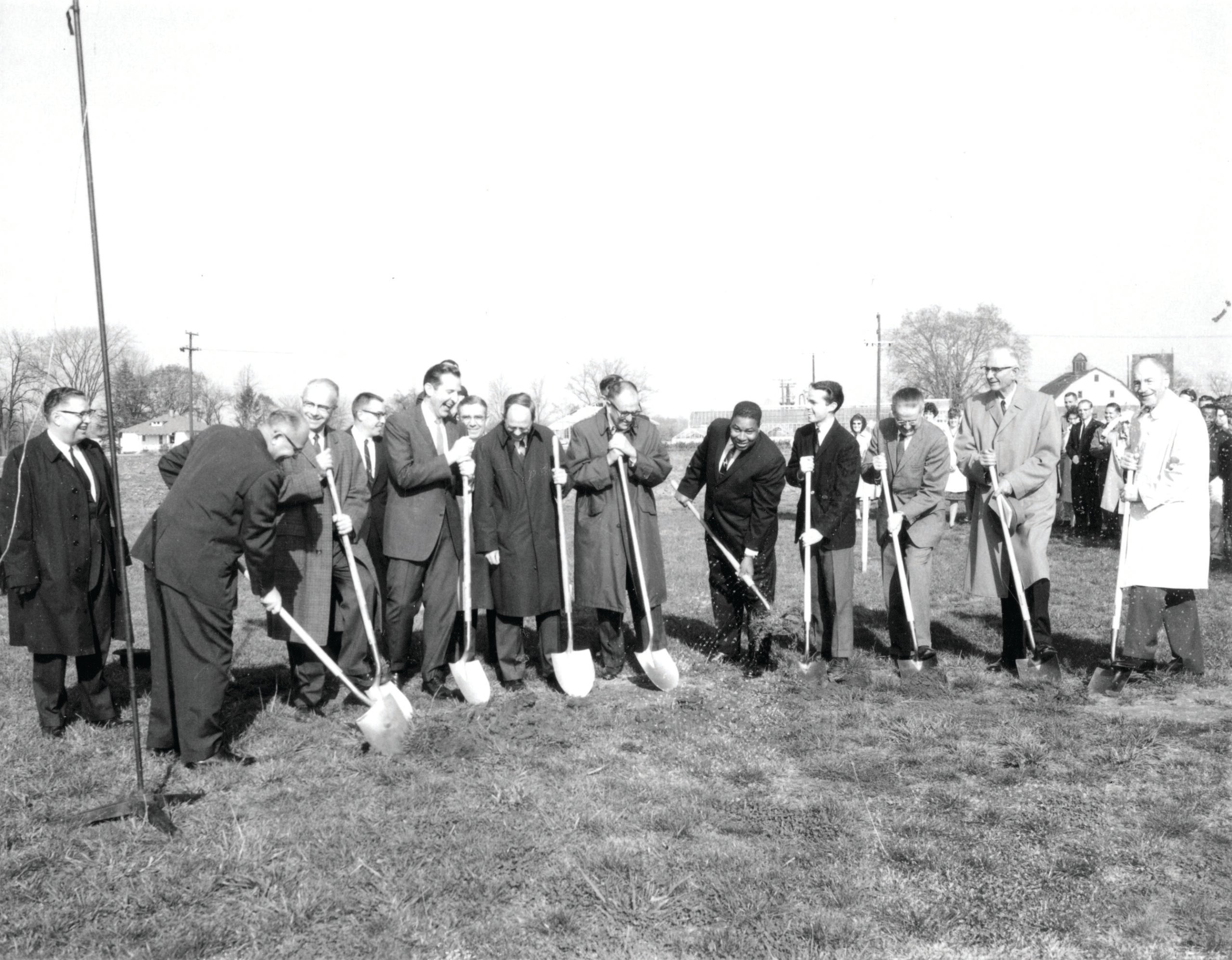 Bradford, fifth from right, with Andrews University officers and board members at groundbreaking for Meier Hall, 1963. Credit: Center for Adventist Research.