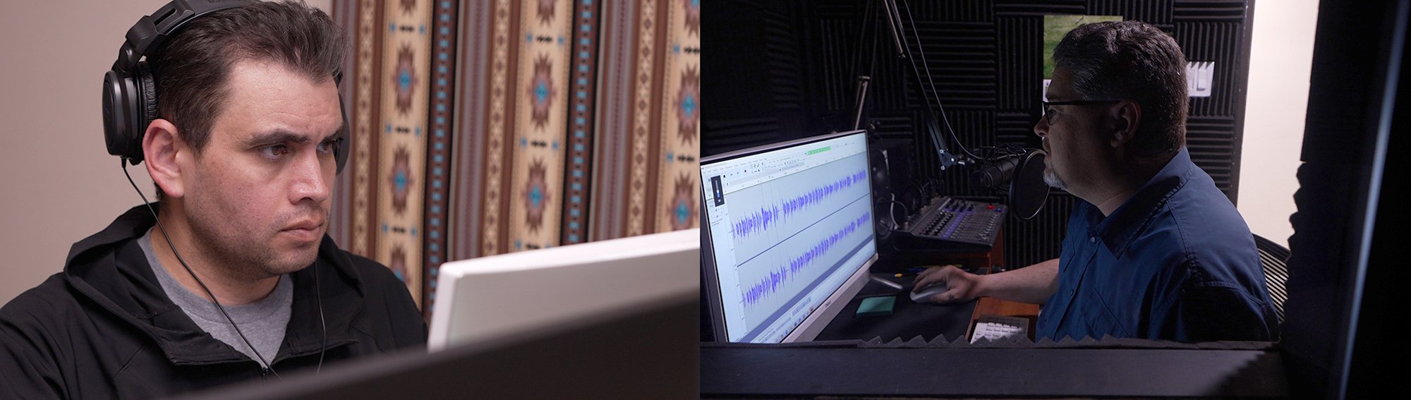 Two caucasian men edit in a radio station booth DAR