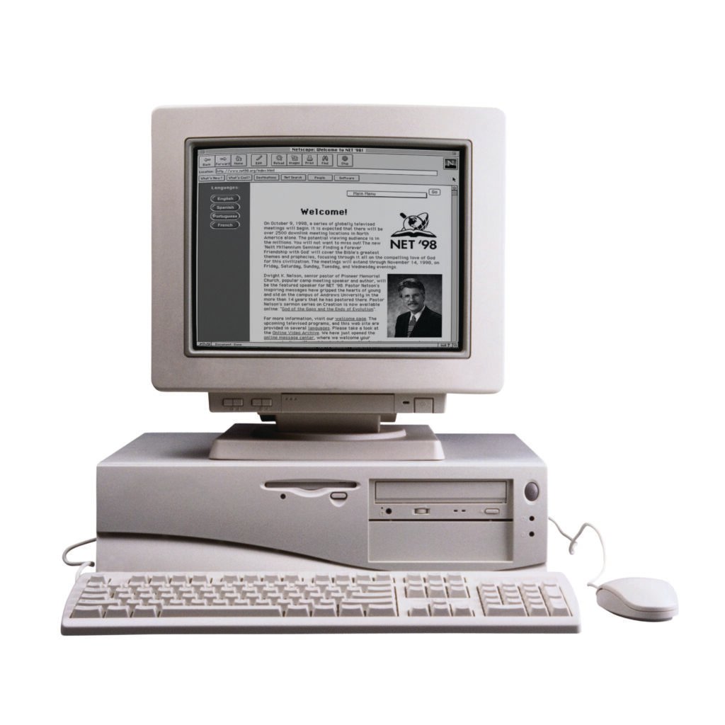 1990s computer with CompuServe on screen showing Net 98 evangelism material