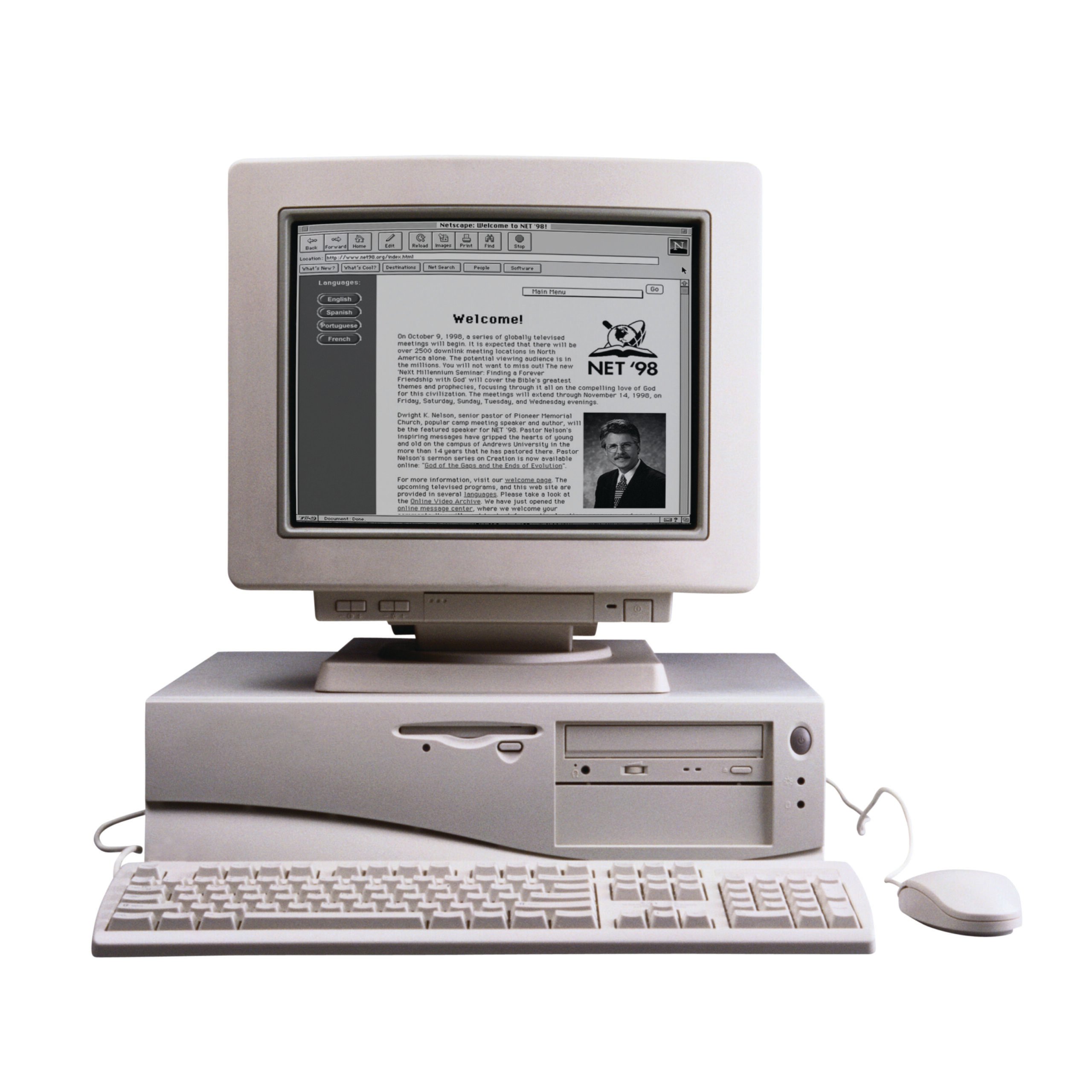 1990s computer with CompuServe on screen showing Net 98 evangelism material