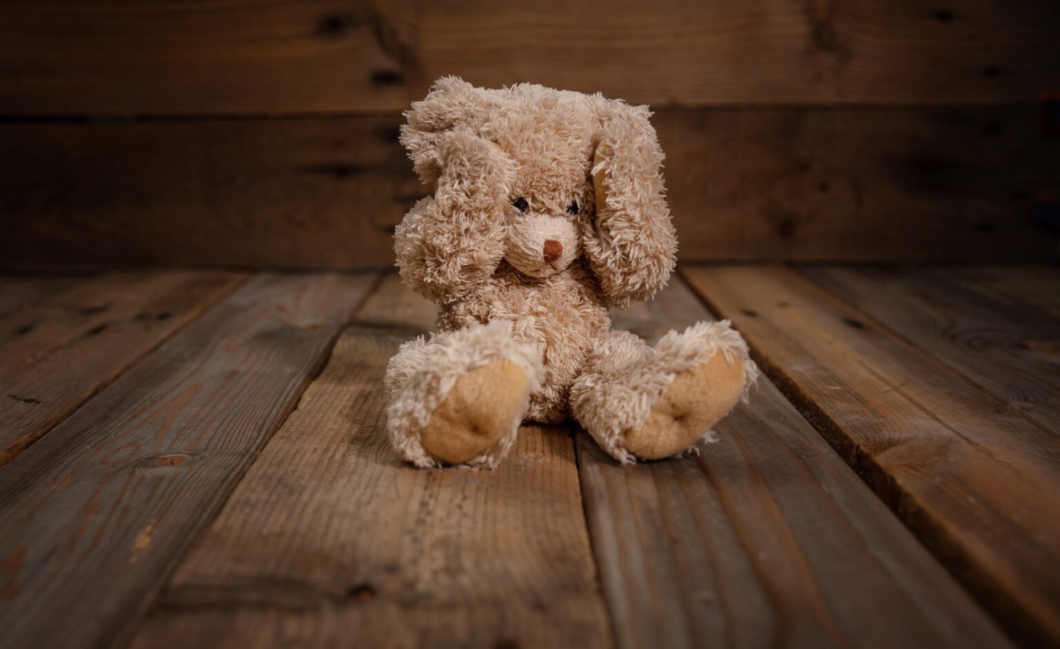 Teddy bear covering eyes while alone in an empty corner.
