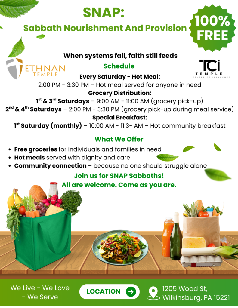 Flyer or advertisement  describing the SNAP (Sabbath Nourishment And Provision) free groceries program.