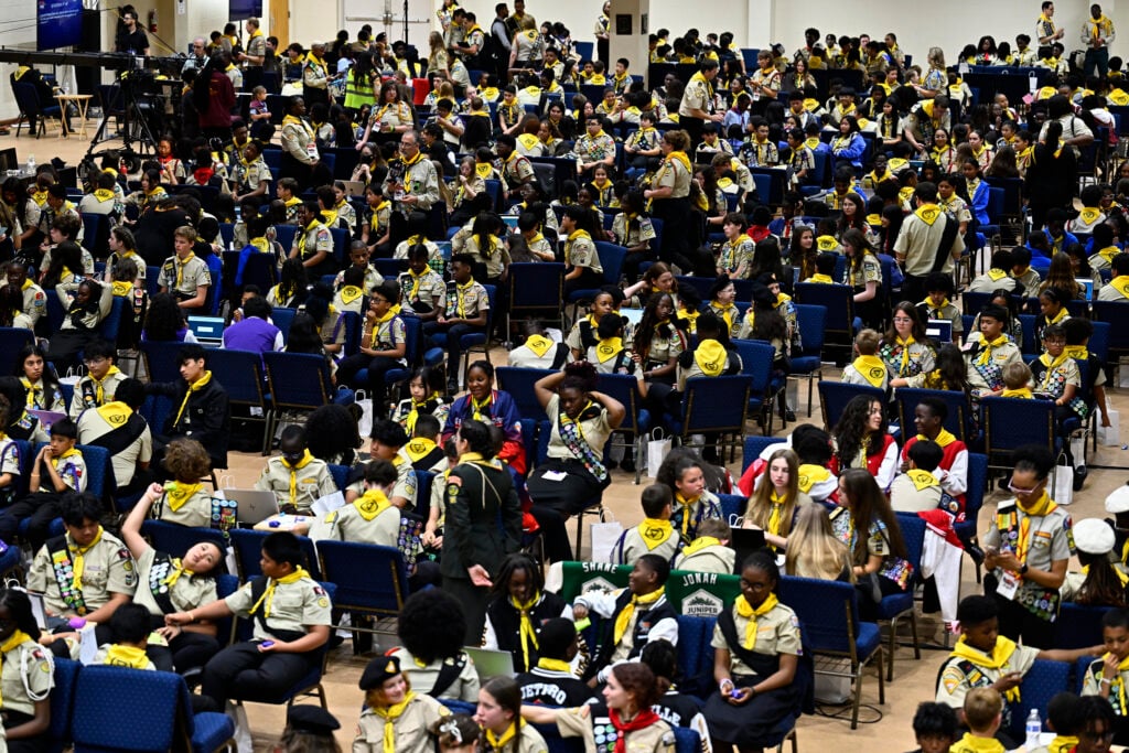 Wide shot of Pathfinders in the main auditorium during the 2026 Pathfinder Bible Experience
