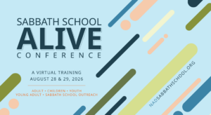 Sabbath School Alive August 2026 event postcard-style graphic with event information