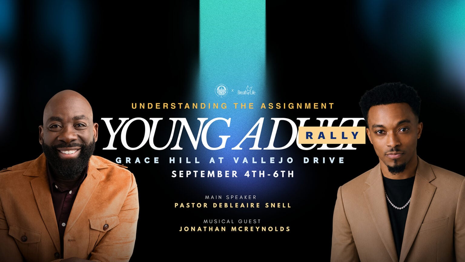Promotional poster for Breath of Life youth rally featuring Debleaire Snell and Jonathan McReynolds
