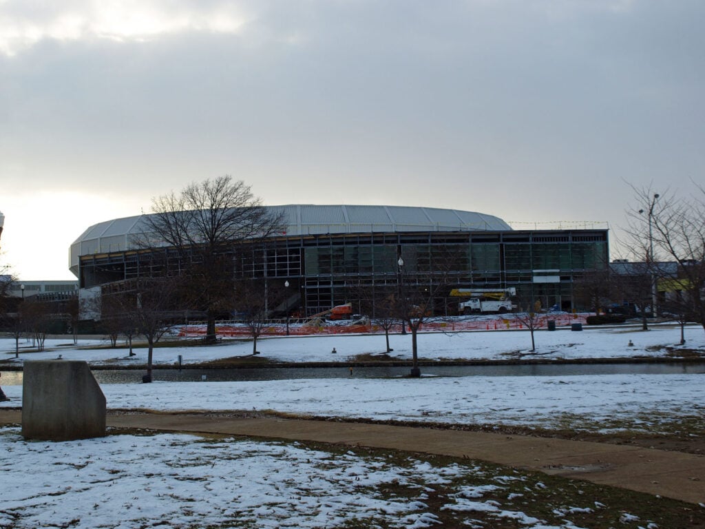 An exterior photo of the Von Braun Center Arena in Huntsville, Alabama.