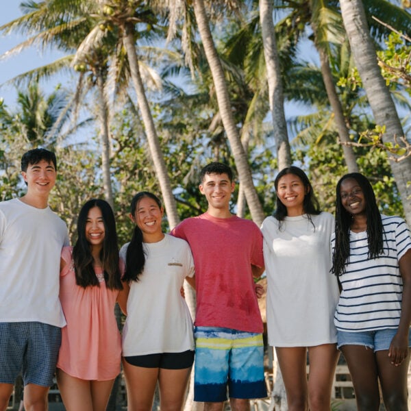 Young people in casual clothes standing in a tropical location in front of palm trees
