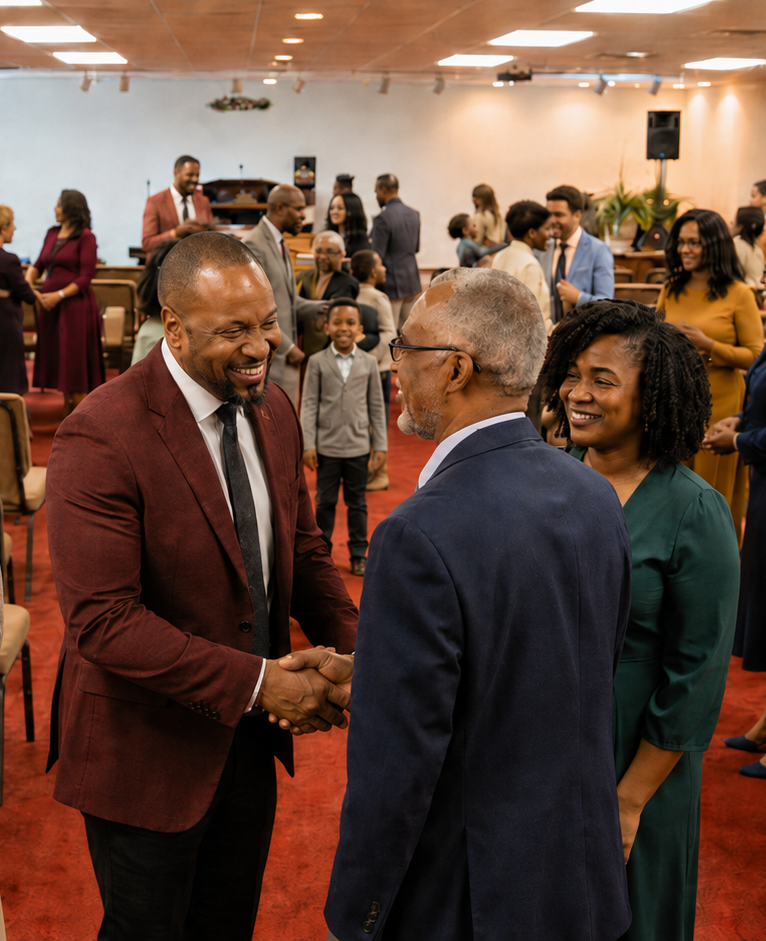 New Joy Fellowship members greeting visitors after worship.