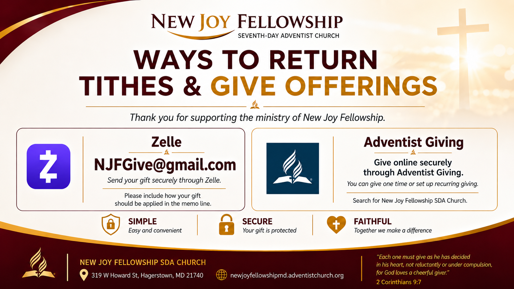 Ways to return tithes and offerings: Zelle to NJFGive@gmail.com or Adventist Giving.