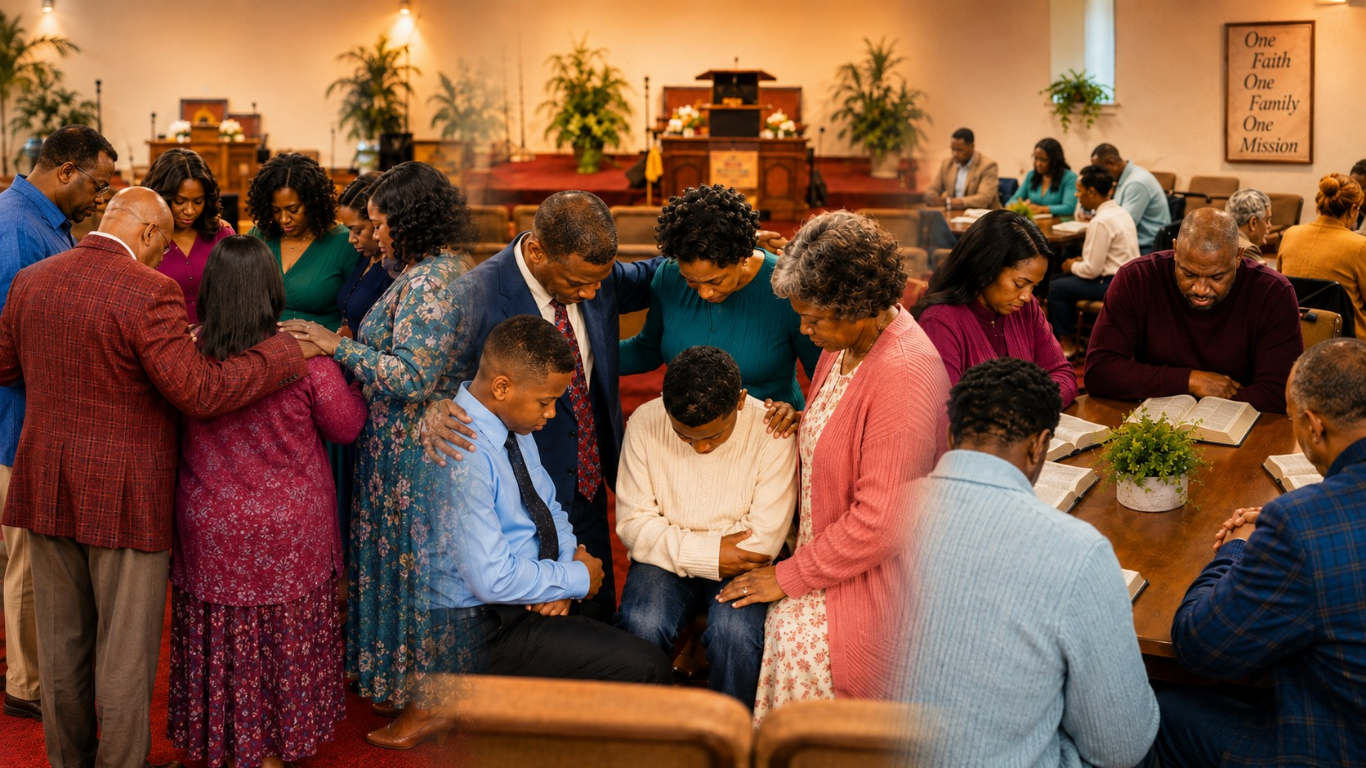 New Joy Fellowship members praying together in the sanctuary.