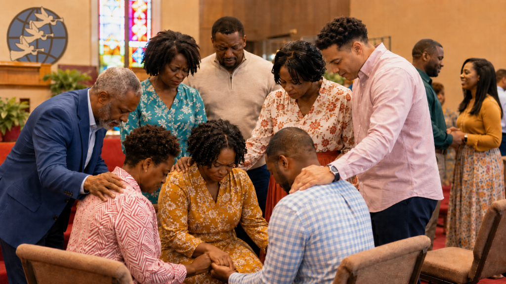 Church members supporting one another in prayer.