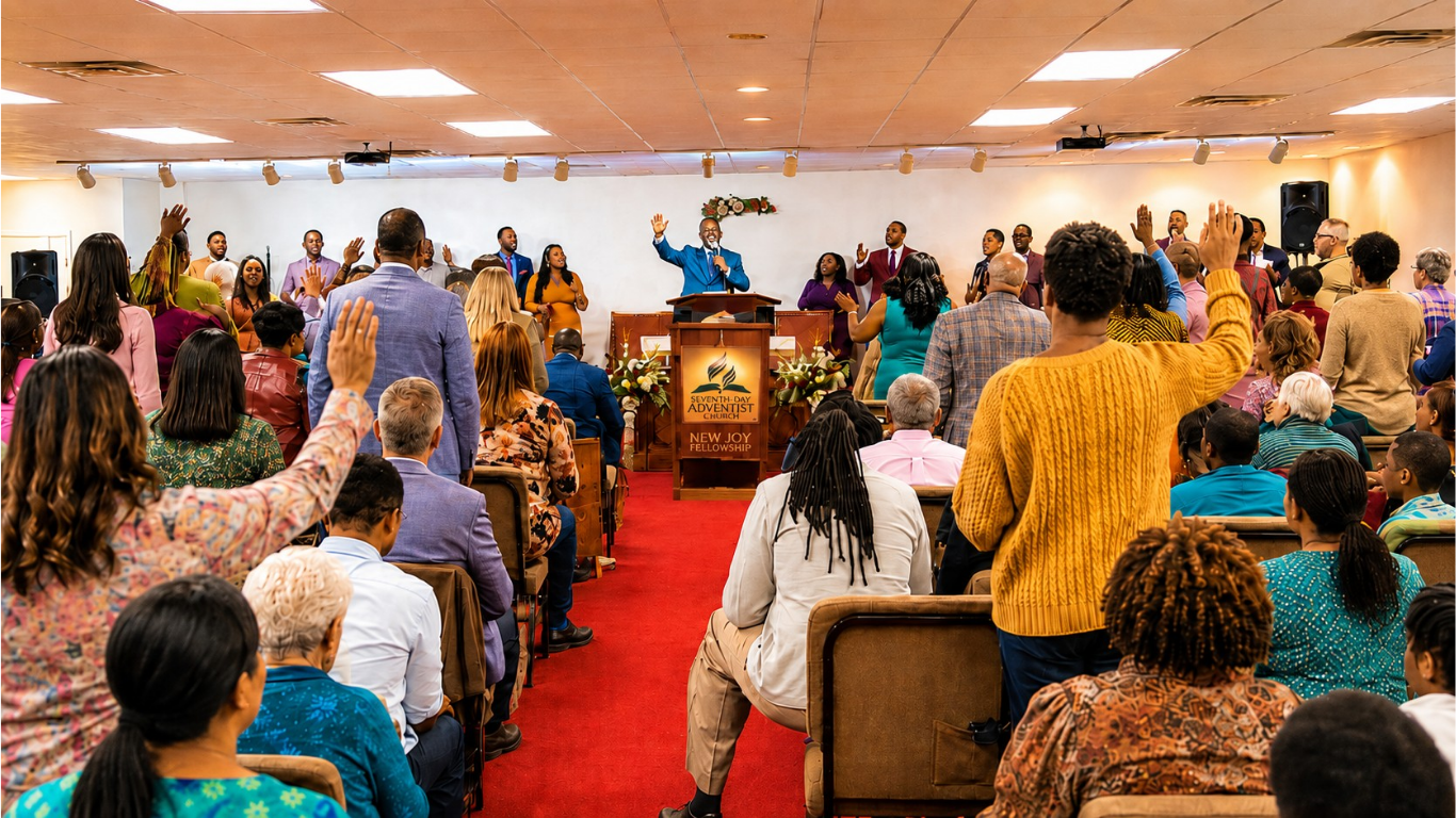 Congregation worshiping during a New Joy Fellowship service.