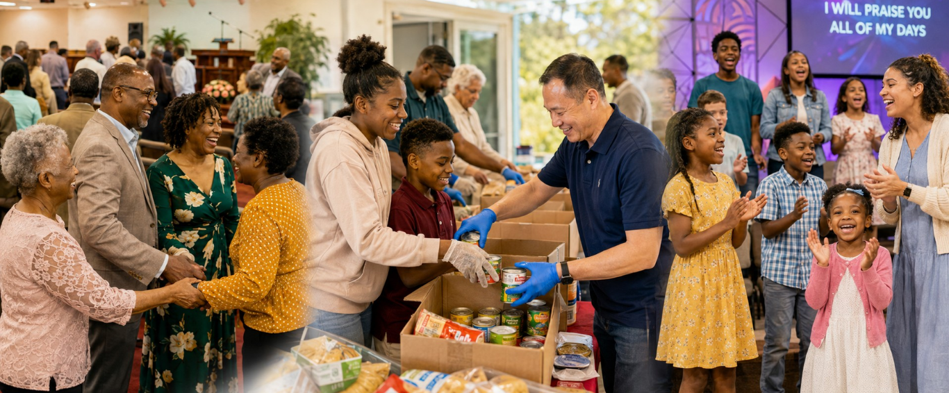 Church members engaged in various church activities at New Joy Fellowship in Hagerstown, MD.